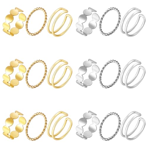 GOMAKERER 18 Stück 6 Stile Verstellbare Stapel Knöchelringe, 16~18mm Klobige Bandringe Legierung Stapelbare Ringe Eheringe Versprechensringe Für Frauen Schmuckgeschenk von GOMAKERER