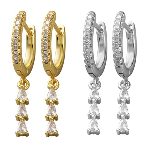 GOMAKERER 2 Paar Baumelnde Huggie Ohrringe Für Damen, 2 Farben Kleine Creolen Mit Mikropflaster Und Klarem Zirkonia Trendige Huggie Ohrringe Mit Tropfenanhänger Schmuckgeschenke Für Frauen von GOMAKERER