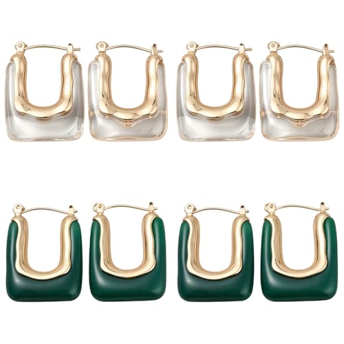 GOMAKERER 2 Paar Creolen In U Form, 2 Farben Klobige Harzohrringe Quadratische Harz Huggie Ohrringe Modisches Accessoire Schmuck Geschenk Für Frauen von GOMAKERER