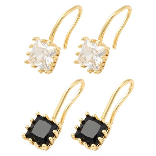 GOMAKERER 2 Paar Quadratische Kristall Tropfenohrringe, 2 Farbe Schwarze Quadratische Kristall Ohrhänger Mit 18 Karat Gold Eingelegten Zirkonia Tropfenohrringen Für Frauen Partys Geburtstage von GOMAKERER