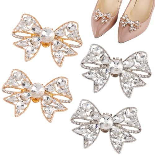 GOMAKERER 2 Paar Schuhclips Mit Strasssteinen Und Schleife 2 Farben, Kristall Hohl Bowknot Schuhe Schnalle Abnehmbare Schuh Dekorationen Legierung Schuhe Zubehör Für Hochzeit Party High Heels von GOMAKERER