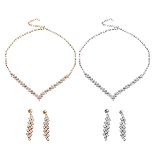 GOMAKERER 2 Set Brautschmuckset, 2 Farbe Hellgold Splitter Strass Braut Hochzeit Halskette Mit Baumelnden Ohrstecker Für Brautjungfer Geschenk Hochzeitstag von GOMAKERER
