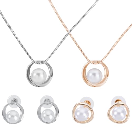 GOMAKERER 2 Set Perlenschmuckset Für Damen, 2 Farbe Platin Roségold Runde Imitationsperlen Halskette Mit Baumelnden Ohrsteckern als Geschenk Für Brautjungfern Zum Hochzeitstag von GOMAKERER