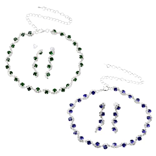 GOMAKERER 2 Set Silbernes Kristall Schmuckset Für Damen, 2 Farben Blau Schwarz Strass Halskette Kette Mit Imitation Diamant Baumeln Ohrringe Für Braut Hochzeit Geschenk Jahrestag von GOMAKERER