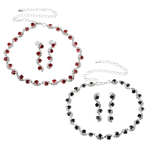 GOMAKERER 2 Set Silbernes Kristall Schmuckset Für Damen, 2 Farben Rot Schwarz Strass Halskette Kette Mit Imitation Diamant Baumeln Ohrringe Für Braut Hochzeit Geschenk Jahrestag von GOMAKERER