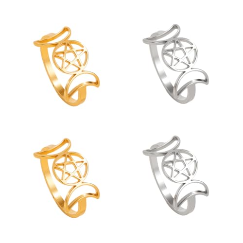 GOMAKERER 2 Stück 2 Farben Dreifachmond Göttin Ring, 16.8mm Edelstahl Mondphasenring Samulett Wicca Pentagramm Ring Spirituelles Geschenk Für Frauen Schmuckherstellung von GOMAKERER