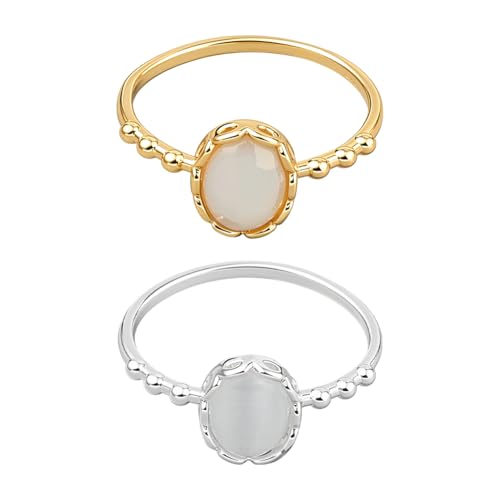 GOMAKERER 2 Stück 2 Farben Katzenauge Fingerringe, 17.2mm Weißer Opalring Dünne Messingringe Goldene Und Silberne Stapelringe Eheringe Für Frauen Schmuck Boho Geschenk von GOMAKERER