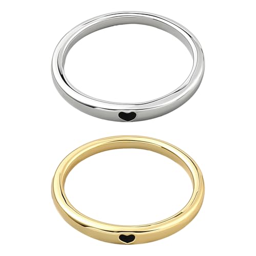 GOMAKERER 2 Stück 2 Farben Messing Fingerringe, 16.5mm Dünne Bandringe Mit Herzmuster Platin Golden Stapelbar Punktringe Statement Ringe Eheringe Für Frauen Schmuck Boho Geschenk von GOMAKERER
