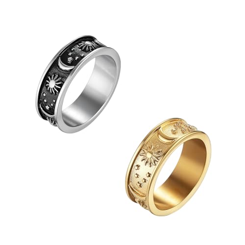 GOMAKERER 2 Stück 2 Farben Mond Stern Sonne Statement Ring, 17.5mm Edelstahl Boho Schmuck Zierliche Klobige Stapelbare Ringe Für Damen Und Herren Schmuckherstellung von GOMAKERER