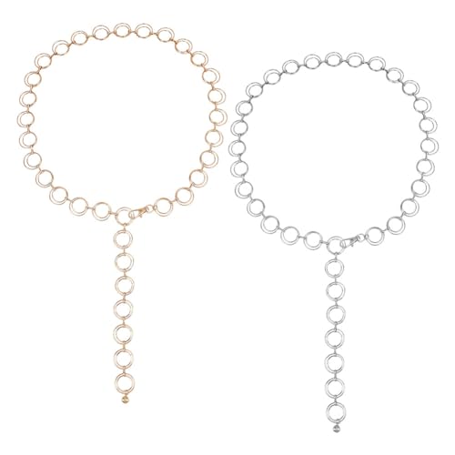 GOMAKERER 2 Stück 2 Farben Runde Ringe Taillenketten, Eisengliederkette Gürtel Verstellbare Glieder Körperkette Schmuck Hemd Kleid Dekoration Für Jeans Frauen Geschenk, Platin-Gold von GOMAKERER