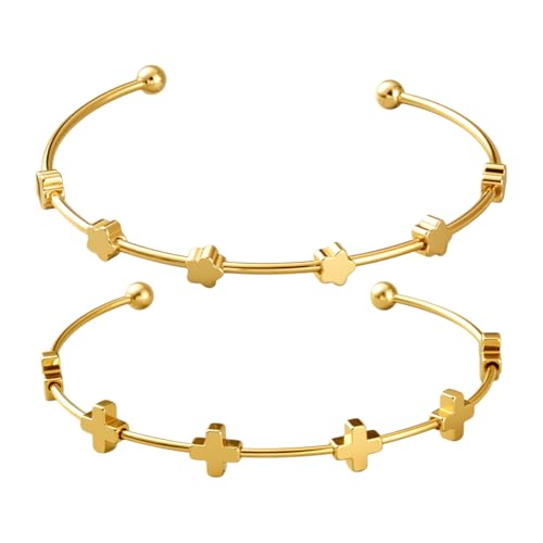 GOMAKERER 2 Stück 2 Stile Drehmoment Armreifen Armreif Mit Kreuz Und Blume Goldfarben 304 Stück Edelstahl Offene Handgelenk Armmanschetten Für Damen, 5.6~5.9x6.9~7.1cm von GOMAKERER
