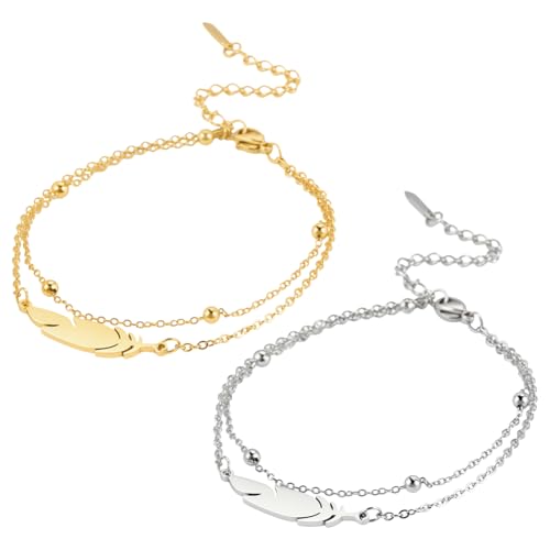 GOMAKERER 2 Stück Fußkettchen In 2 Farben Für Damen 8.19 Zoll Lange Doppellagige Kette Verstellbar 304 Edelstahlperlen Fußkettchen Armbänder Für Frauen von GOMAKERER