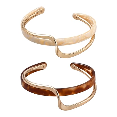 GOMAKERER 2 Stück Geometrische C Förmige Offene Armbänder, 2 Farben Muschelarmbänder Platte Gebogenes Metall Spiralförmiges Doppelschicht Manschettenarmband Für Frauen von GOMAKERER