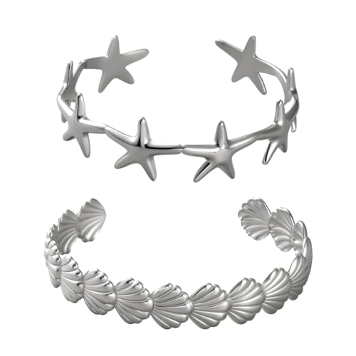 GOMAKERER 2 Stück Seestern Muschelarmbänder, Edelstahl Silberarmreifen Im Sommer Strand Stil Offene Handgelenk Armmanschetten Für Damen Und Herren von GOMAKERER