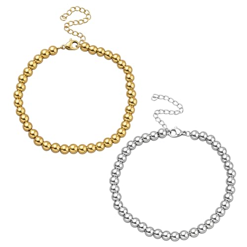 GOMAKERER 2 Stück Stapelbares Armband Aus Gold Und Edelstahl 18K Verstellbare Kugelperlen Armbänder Runde Perlen Zarte Kette Schmuck Für Frauen von GOMAKERER