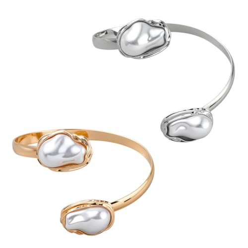 GOMAKERER 2 Stück Unregelmäßiges Perlenarmband Goldene Und Silberne Eisenmanschetten Mit Perlen Offene Armreifen Handgelenk Armmanschetten Für Frauen Party Abschlussball Hochzeit Schmuck von GOMAKERER
