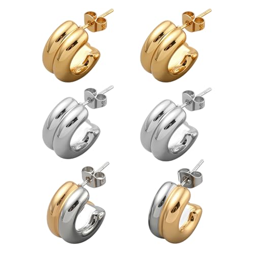 GOMAKERER 3 Paar 3 Farben Klobige Ohrringe Für Damen, Klobige Gold Und Silberfarbene Creolen In C Form Modisches Accessoire Schmuck Geschenk Für Frauen von GOMAKERER