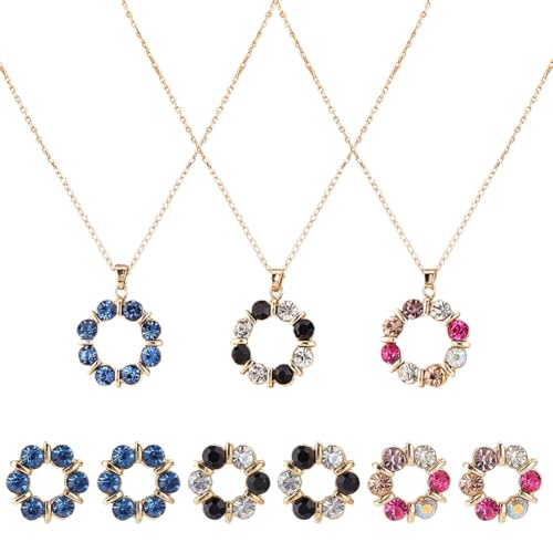 GOMAKERER 3 Set Kranz Kristall Strass Schmuckset Für Damen, 3 Farbe Kristall Tropfen Anhänger Vergoldete Kette Halskette Mit Baumelnden Ohrringhaken als Geschenk Für Brautjungfern Zum Hochzeitstag von GOMAKERER
