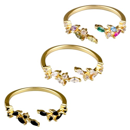 GOMAKERER 3 Stück 3 Farben Offene Blattringe, 17.5mm Große Stapelringe Mit Zweigblättern Verstellbare Manschettenringe Mit Zirkonia Plattierte Fingerringe Für Frauen Hochzeitsfeier Geschenk von GOMAKERER