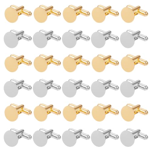 GOMAKERER 30 Stück 2 Farben Blanko-Manschettenknöpfe Aus Messing, Goldene Flache Runde Manschettenknöpfe Aus Platin Geschäftlich Elegantes Geschenk Für Männer, Zum Selbermachen von GOMAKERER