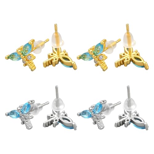 GOMAKERER 4 Paar 2 Farben Kleines Süßes Ohrstecker Set Für Damen Libelle Kristall Zirkonia Ohrstecker Messing Ohrstecker Schmuck Geschenk Für Frauen von GOMAKERER