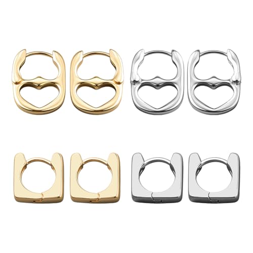 GOMAKERER 4 Paar Creolen In Herzform Rechteckig In 4 Stilen Für Damen Geometrische Ovale Ohrringe Quadratische Huggie Creolen Valentinstagsschmuck Geschenke Für Frauen von GOMAKERER