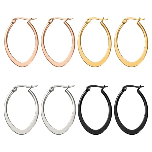GOMAKERER 4 Paar Ovale Creolen Für Damen, 4 Farben Goldene Silberne Und Schwarze Creolen Kreisförmige Ohrringe Leichtes Ohrhänger Set Für Damen Partyschmuck von GOMAKERER