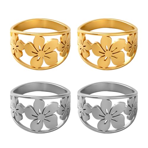 GOMAKERER 4 Stück 2 Farben Bohemian Hohlblumenring, 16.5mm Dicke Zierliche Stapelbare Ringe Aus Edelstahl Statement Ring Eheringe Ringe Für Frauen Basteln Hochzeitsparty Geschenk von GOMAKERER