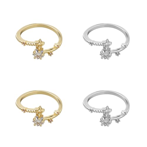 GOMAKERER 4 Stück 2 Farben Legierung Fingerringe, 17.9mm Große Ringe Mit Stern Zirkonia Verstellbare Offene Manschettenring Fassungen Gemischte Farben Fingerring Beschläge Zum Basteln von Schmuck von GOMAKERER