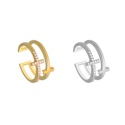 GOMAKERER 4 Stück 2 Farben Zirkonia Doppelkreuzringe, Verstellbare Offene Manschettenringe Aus Messing Stapelbare Eheringe Verlobungsringe Für Frauen Basteln Hochzeitsgeschenk von GOMAKERER