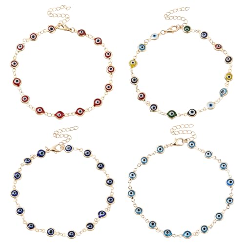 GOMAKERER 4 Stück 4 Farben Evil Eye Armband Für Damen Fußkettchen Mit Bösem Blick Gliederkette Armbänder Verstellbares Fußkettchen Set Schmuck Geschenk Für Frauen von GOMAKERER