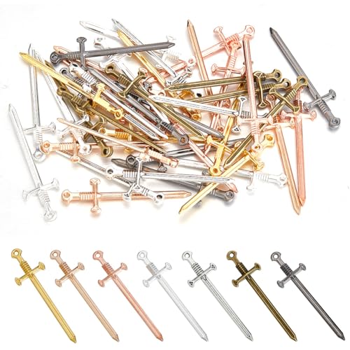 GOMAKERER 42 Stück 7 Farben Legierung Schwerter Lesezeichen Charms, Metallanhänger In Verschiedenen Farben, Samurai-Katana-Stiletto-Dolch-Anhänger Für Lesezeichen Bastelarbeiten Armbänder Halsketten von GOMAKERER