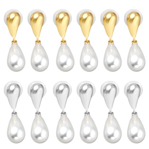 GOMAKERER 6 Paar Perlenohrringe 2 Farben Für Damen Goldene Und Silberne Runde Kunstperlen Aus Kunstharz Kleine Creolen Aus Messing Baumelnde Perlenohrringe Hochzeitsschmuck Geschenk Für Frauen von GOMAKERER