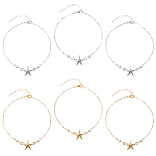 GOMAKERER 6 Stück 2 Farben Fußkettchen Für Damen Verstellbare Fußkettchen Aus Legierung Boho Strand Fußkettchens Mit Seestern Anhänger Kunststoffperlen Fußkettchens Für Damen, 23.8~24cm von GOMAKERER