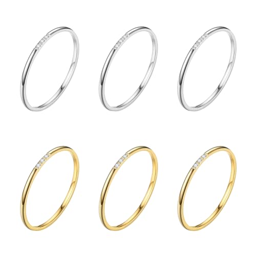 GOMAKERER 6 Stück 2 Farben Strass Schlichte Bandringe, 17.5mm Dünne Bandringe Aus Edelstahl Stapelbare Ringe Eheringe Für Frauen Schmuck Boho Geschenk von GOMAKERER