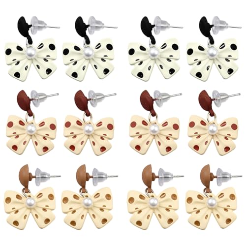 GOMAKERER 6 Stück Ohrringe Mit Schleife Und Punkten, 3 Farben Gestreifte Karierte Schleifenohrringe Schwarz Weiß Gepunkteter Anhängerohrring Für Frauen Party Geburtstag von GOMAKERER