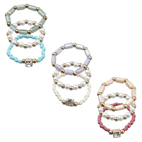 GOMAKERER 9 Stück Elastische Dehnbare Fingerringe, 3 Farben 16.5~18.1mm Boho Ringes Acrylkristall Bunte Stapelbare Ringes Zierliche Dicke Ringe Mit Perlen Für Frauen Ästhetisches Schmuckgeschenk von GOMAKERER
