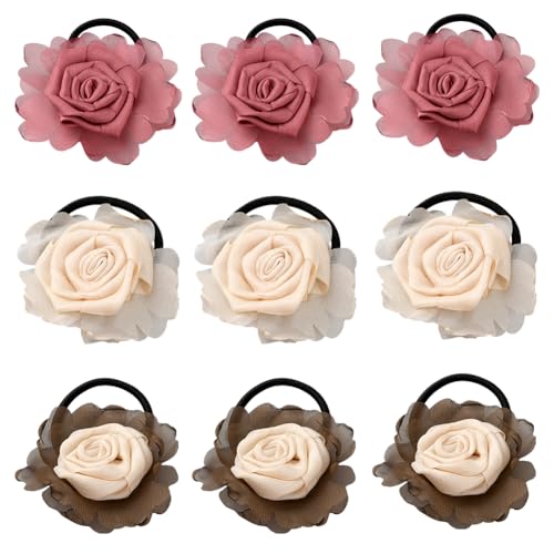 GOMAKERER 9 Stück Elastische Haargummis Mit Blumen, 3 Farben Blumen Haarschleifen Gummibänder Haargummis Für Frauen Mädchen Hochzeit Braut von GOMAKERER
