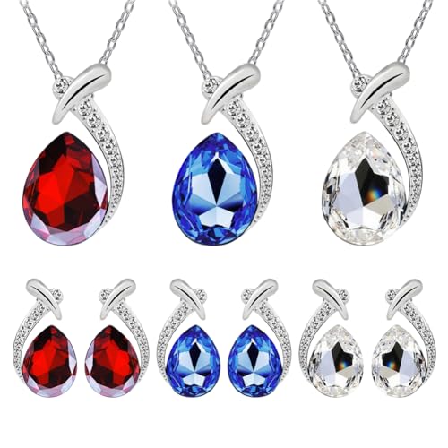 GOMAKERER Brautschmuckset Für Hochzeit Für Frauen, 3 Set 3 Farben Halskette Mit Anhänger Und Baumelnden Ohrsteckern Mit Pavé Strass Kristallen als Geschenk Für Brautjungfern Und Hochzeitstage von GOMAKERER