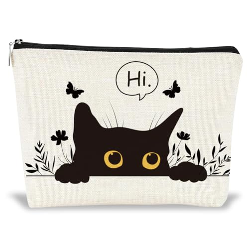 GOMAKERER Kosmetiktaschen Mit Reißverschluss Tragbare Reise Kosmetiktasche Mit Aufdruck Schwarze Katze Personalisierte Reise Kulturtasche Clutch Accessoire Organizer Für Frauen Geschenke 25x18x5cm von GOMAKERER
