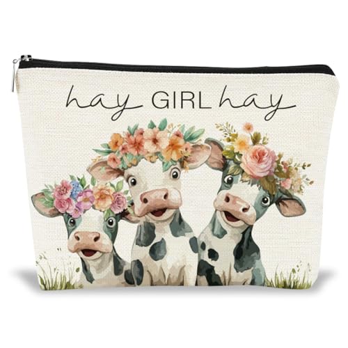 GOMAKERER Kosmetiktaschen Mit Reißverschluss Tragbare Reise Kosmetiktasche Mit Kuh Blumen Aufdruck Personalisierte Reise Kulturtasche Clutch Accessoire Organizer Für Frauen Mädchen Geschenke 25x18x5cm von GOMAKERER
