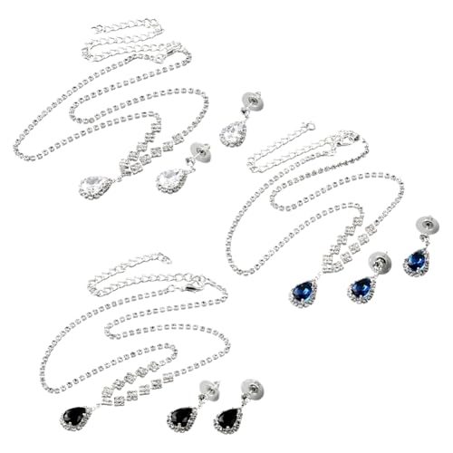 GOMAKERER Strass Schmuckset Für Damen, 3 Set 3 Farben Halskette Mit Kristalltropfen Anhänger Und Baumelnden Ohrsteckern als Geschenk Für Brautjungfern Zum Hochzeitstag von GOMAKERER