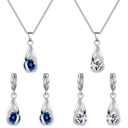 GOMAKERER Tropfenförmiges Kristall Schmuckset Für Damen, 2 Set 2 Farben Halskette Mit Geburtsstein Anhänger Und Baumelnden Ohrringen als Geschenk Für Brautjungfern Zum Hochzeitstag von GOMAKERER