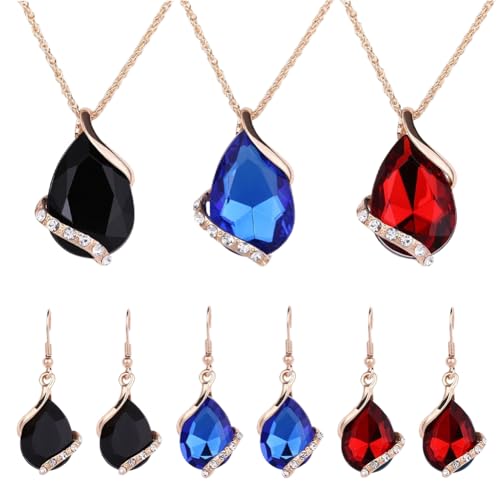 GOMAKERER Tropfenförmiges Kristall Schmuckset Für Damen, 3 Set 3 Farben Kristall Tropfenanhänger Vergoldete Halskette Mit Baumelnden Ohrringhaken als Geschenk Für Brautjungfern Hochzeitstag von GOMAKERER