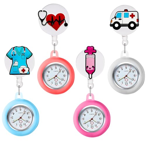 GOMETY 4 Stück Krankenschwester Uhr, Schwesternuhr mit Clip Krankenschwester Armbanduhr Einziehbare Schwesternuhr Ansteckuhr fob Pflegeuhr Taschenuhr für Krankenschwestern und Ärzte von GOMETY