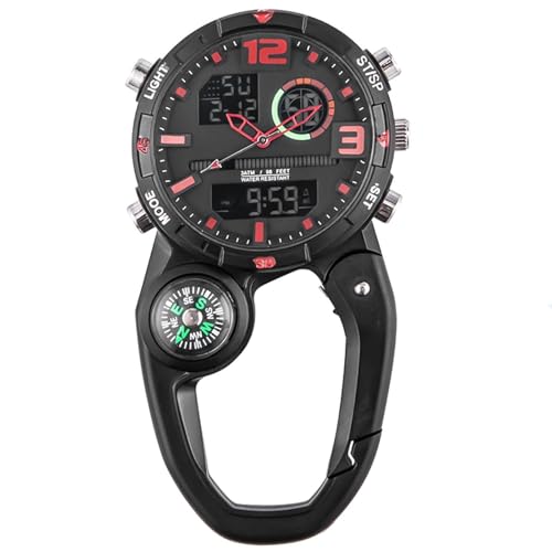 GOMETY Taschenuhr mit Karabiner Schwesternuhr, Clip Karabineruhr mit Leuchtendes, Kalender, Woche, Wecker, Kompass, Digital Uhr Analog Quarzuhr Multifunktionale für Camping Bergsteigen (Rot) von GOMETY