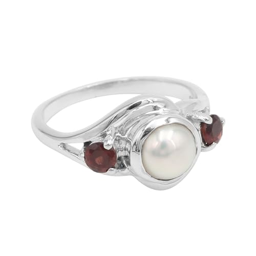 GOMTI JEWELS Pearl Garnet Ring – 925 Sterling Silver Handmade Gemstone Ring for Women, Stackable Birthstone Jewelry (10) von GOMTI JEWELS
