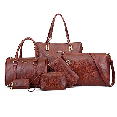 GONGKANGYUAN Damen Handtasche Set 6teilig, Schultertaschen Set Shopper UmhäNgetasche Geldbeutel Tote Taschen Henkeltaschen Clutches GeldböRsen SchlüSselhalter Shoulder Bag (Braun) von GONGKANGYUAN