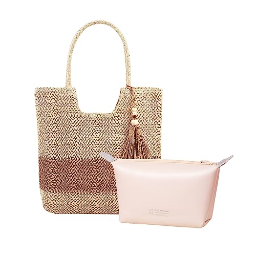 GONGKANGYUAN Stroh Handtasche Damen, Korbtasche, Stroh Groß Sommer Strandtasche mit Reißverschluss Und Quaste, Handgemachte Strohtasche mit Kulturbeutel (Beige 2) von GONGKANGYUAN