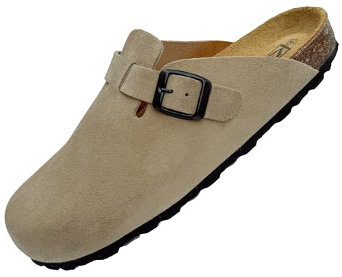 GONKOS®, Leder Clogs Damen Herren Clogs & Pantoletten, Veloursleder, echtes Leder, Naturkork, Pantoletten Herren Damen, Qualitätssandalen Made in Spain, Farbe Taupe Größe 39 von GONKOS
